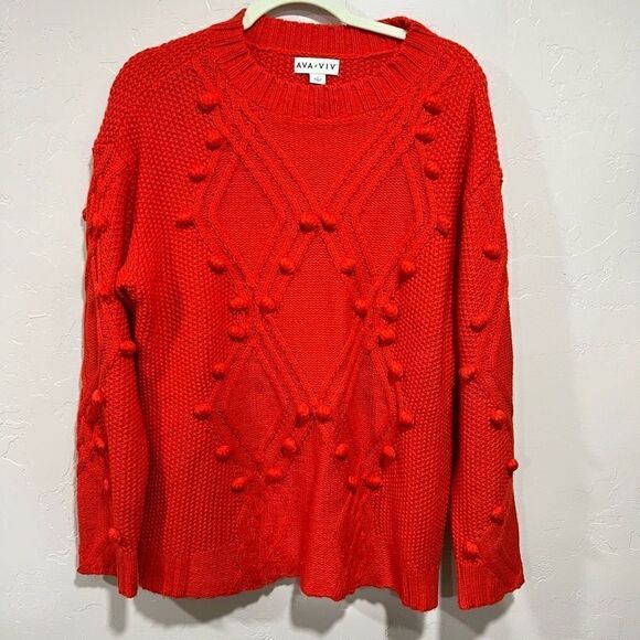 Red Chunky Knit Retro Pom Pom Cable Knit 1X Sweater - Picture 1 of 4